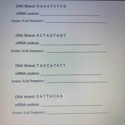 1. DNA Strand:GGAATCTCG

mRNA codons:
Amino Acid Sequence :
2. DNA Strand: ACTAGTAGT
mRNA codons:
