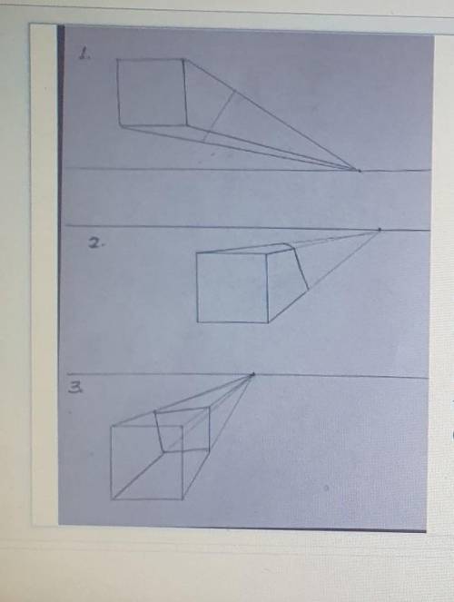 1 Point Perspective

Describe what us incorrect in each drawing of a cube 123