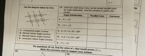 Determine which lines if any can be proved parallel given the angle relationship. Give the converse