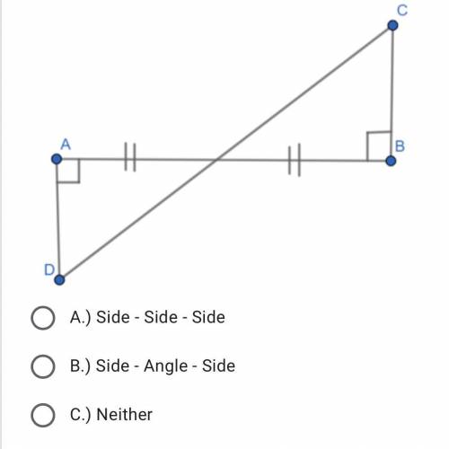 Helpppp!!! Are the triangles below congruent by Side-Side-Side, Side-Angle-Side, or neither?