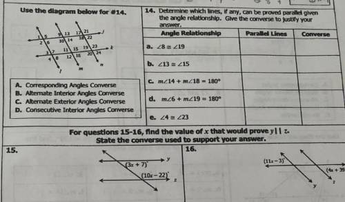 determine which lines, if any, can be proved parallel given the angle relationship. give the conver