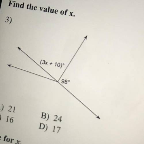 Find the value of x.
(3x + 10)
98°
Please help mee