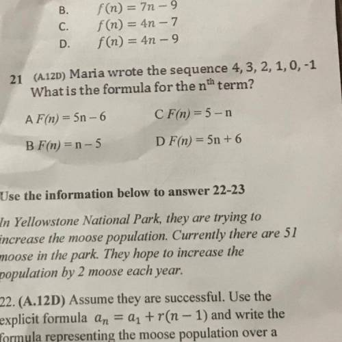 21 (A.120) Maria wrote the sequence 4, 3, 2, 1, 0, -1

What is the formula for the nth term?
A F(n