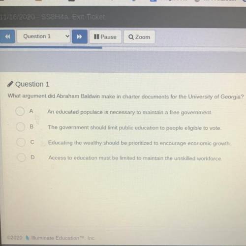 Question 1

What argument did Abraham Baldwin make in charter documents for the University of Geor