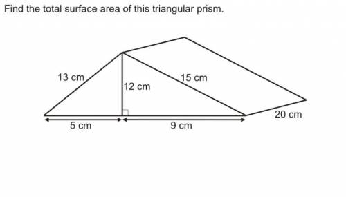 Find the total surface area of this triangular prism.

13 cm
15 cm
112 cm
20 cm
5 cm
9 cm