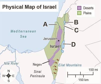 The map shows the physical features of Israel.

Which letter on the map labels the Jordan River?
A