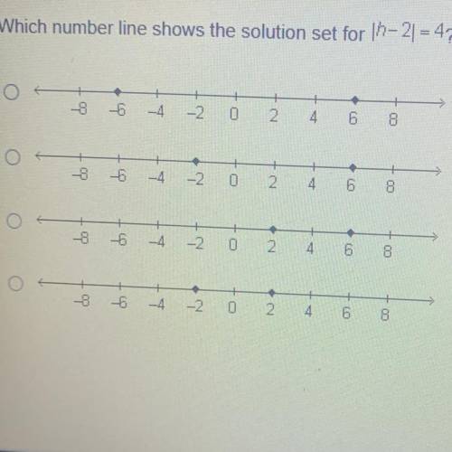 Which number line shows the solution set for 1h-21 = 4?

-8
-6
-4
-2
0
2
4
6
00
-8
-6
-4
-2
0
2
4