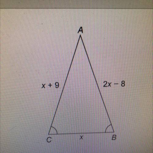 QUIZ:

Isosceles and Equilateral Triangles
What is the length of BC?
X + 9
2x - 8
Enter your answe