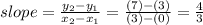 slope=\frac{y_2-y_1}{x_2-x_1}=\frac{(7)-(3)}{(3)-(0)}=\frac{4}{3}