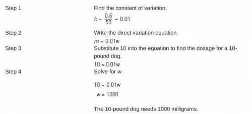 A veterinarian knows that a 50-pound dog gets 0.5 milligrams of certain medicine and that the numbe