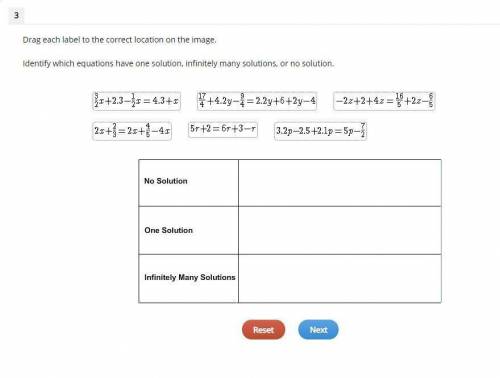 Identify which equations have one solution, infinitely many solutions, or no solution.