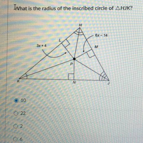 What is the radius of the inscribed circle of AHJK?

6x - 14
3x + 4
M
P
K
N
O 10
O 22
O2
06