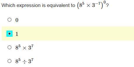 What expression is equivalent to (8^5*3^-7)^0