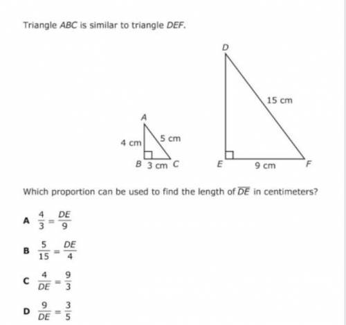 Triangle abc is similar to triangle def. which proportion can be used to find the length of DE on c