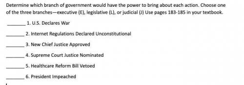 Please answer this. Determine which branch of government would have the power to bring about each a