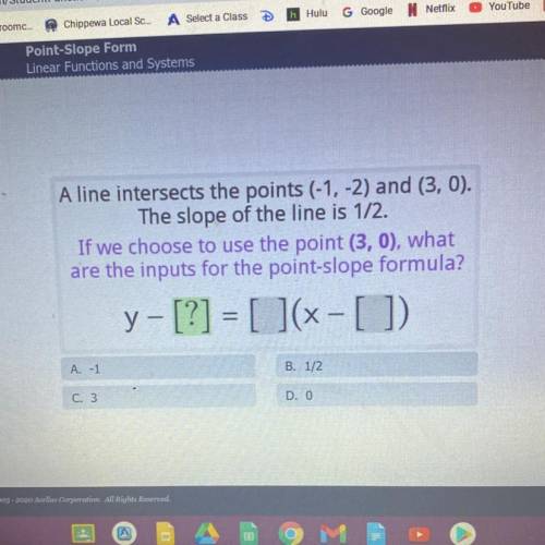 A line intersects the points (-1, -2) and (3, 0).

The slope of the line is 1/2.
If we choose to u