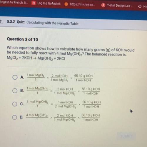 HELP PLZ

Which equation shows how to calculate how many grams (g) of KOH would
be needed to fully