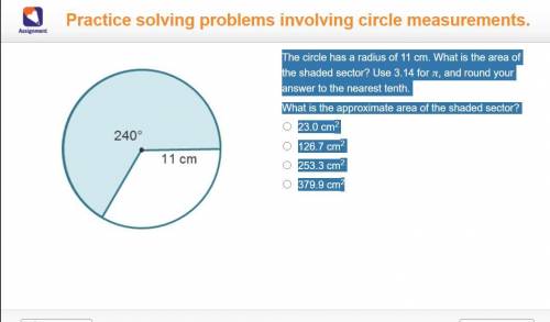 The circle has a radius of 11 cm. What is the area of the shaded sector? Use 3.14 for π, and round