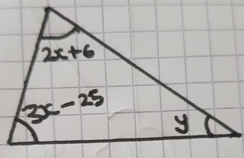 look at the photo. top angle is 2x+6 bottom angle is 3x-25 and other angle is y. find the values of