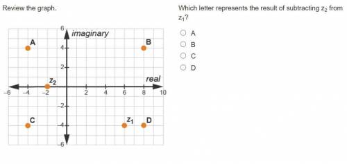 Review the graph. Which letter represents the result of subtracting z2 from z1?

1.) A
2.) B
3.) C