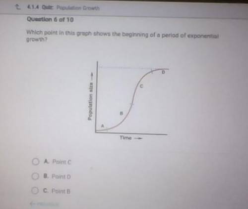 Which point in this graph sows the beginning of a period of exponential growth? A. Point C B. Point