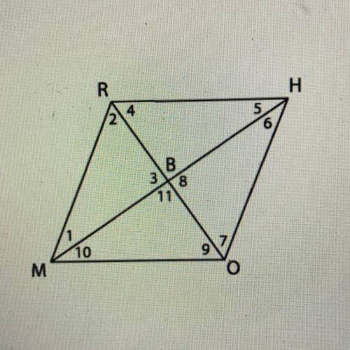 Given that RHMO is a rhombus, find x, given that m ∠ 3 = 8x - 6
