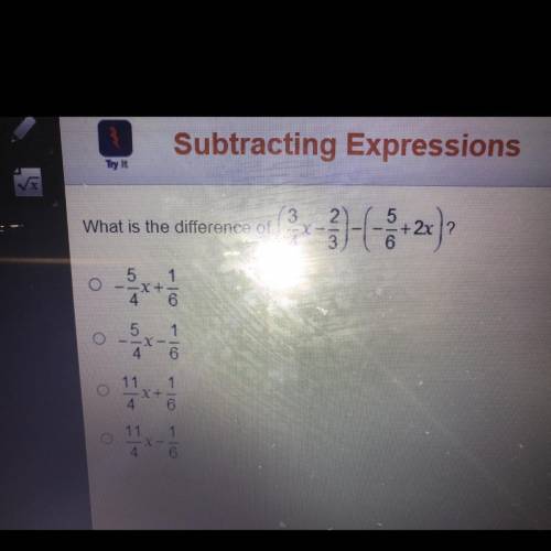 What is the difference of
(3/4x - 2/3) - (-5/6+2x)