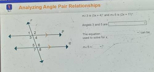 M<3 is (3x + 4)º and m<5 is (2x + 11)º.

Angles 3 and 5 are ________The equation _______ can