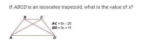 If ABCD is an isosceles trapezoid, what is the value of x?
AC = 5x - 25
BD = 3x + 11