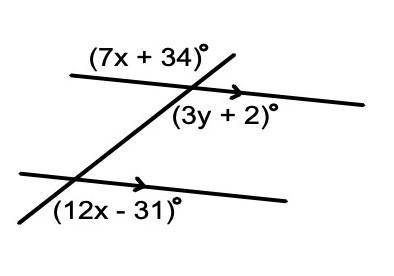 Solve for the x,y and find the measure of the obtuse angle in the diagram.