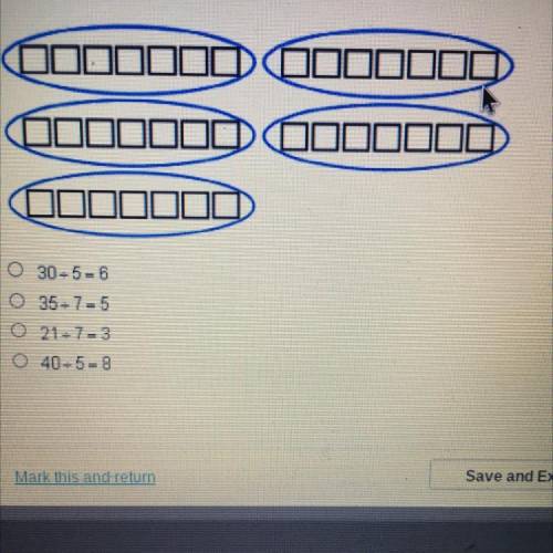 Which division problem does the diagram below best illustrate?

A). 30 divided 5 = 6
B). 35 divide