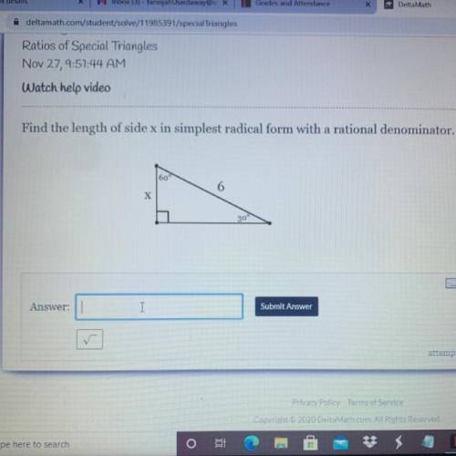 HURRYY PLEASE HELP!!! Find the length of side x in simplest radical form with a rational denominato