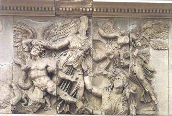 Name this famous relief sculpture and the time period it is from. Describe what is happening in the