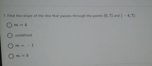 Find the slope of the line that passes through the points (0,7) and (-4,7)
