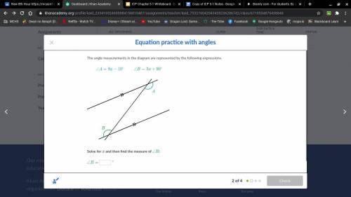 Solve for xx and then find the measure of angle, B.