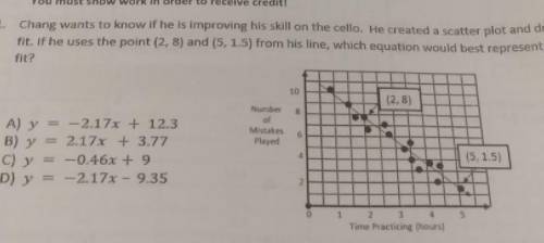 Chang wants to know if he is improving his skill on the cello. He created a scatter plot and drew a