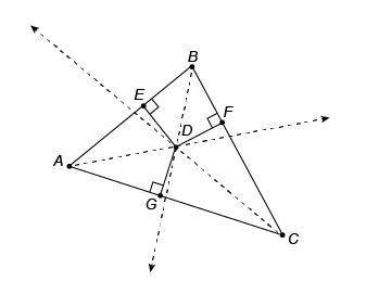 AD¯¯¯¯¯, BD¯¯¯¯¯, and CD¯¯¯¯¯ are angle bisectors of the vertex angles of △ABC. AG=5 meters and AD