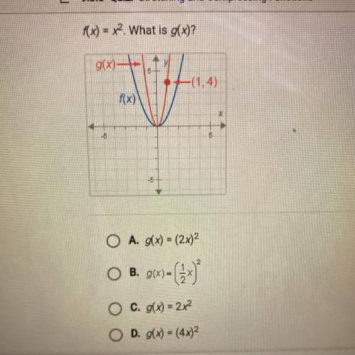 F(x) = x^2. What is g(x)?
A.g(x)=2x)^2
B.g(x)=(1/2x)^2
C.g(x)=2x^2
D.g(x)=(4x)^2