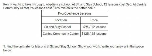 1. Find the unit rate for lessons at Sit and Stay School. Show your work. Write your answer in the