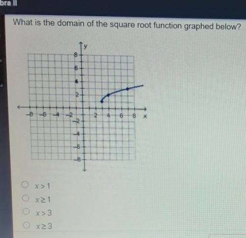 I mark brainliest!

What is the domain of the square root function graphed below? x>1x_>1x&g