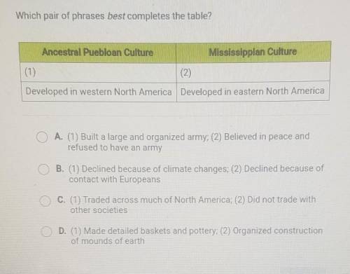 Which pair of phrases best completes the table? Ancestral Puebloan Culture Mississipplan Culture (1