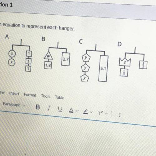 Write an equation to represent each hanger.
PLS HELP ME