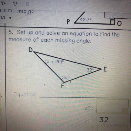 Set up and solve and equation to find the measure of each missing angle.