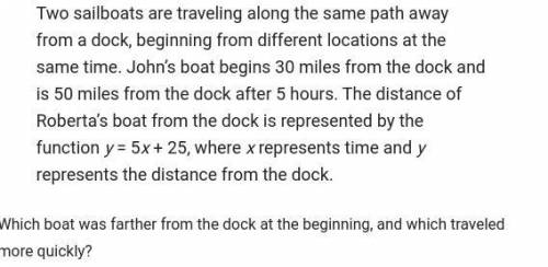 Which boat was farther from the dock at the beginning and which traveled more quickly