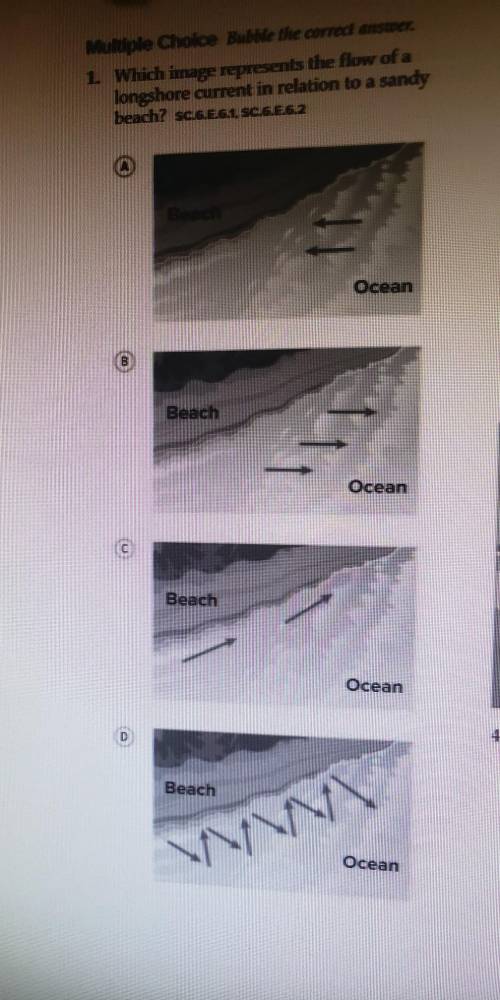 1. Which image represents the flow of a longshore current in relation to a sandy beach?