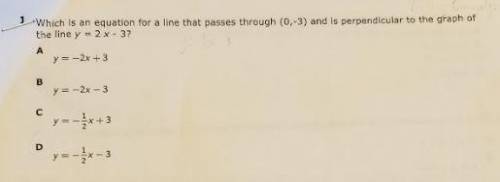 Which is an equation of the line that passes through (0, -3) and is perpendicular to the graph of