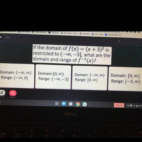 If the domain of f(x) = (x + 3)2 is

restricted to (-0, -3], what are the
domain and range of f-1(