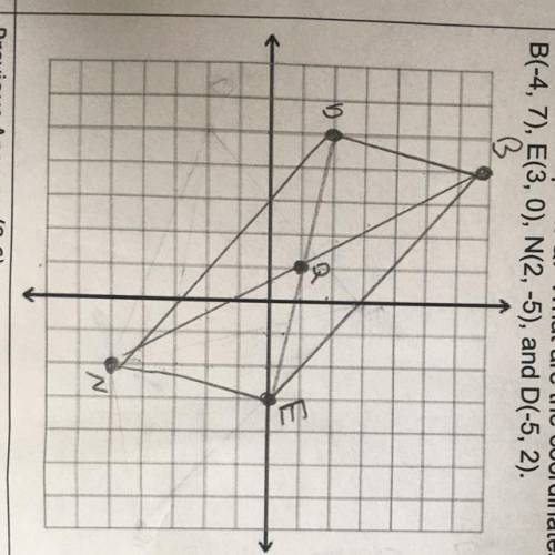The diagonals of parallelograms BEND

intersect at point Q. What are the coordinates of Q?
B(-4, 7
