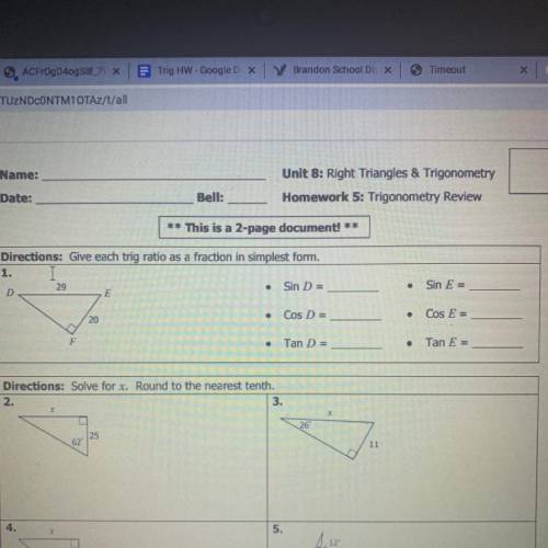 Give each trig ratio as a fraction in simplest form