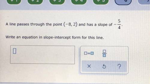 A line passes through the point (-8, 2) and has a slope of -5/4.

Write an equation in slope-inter